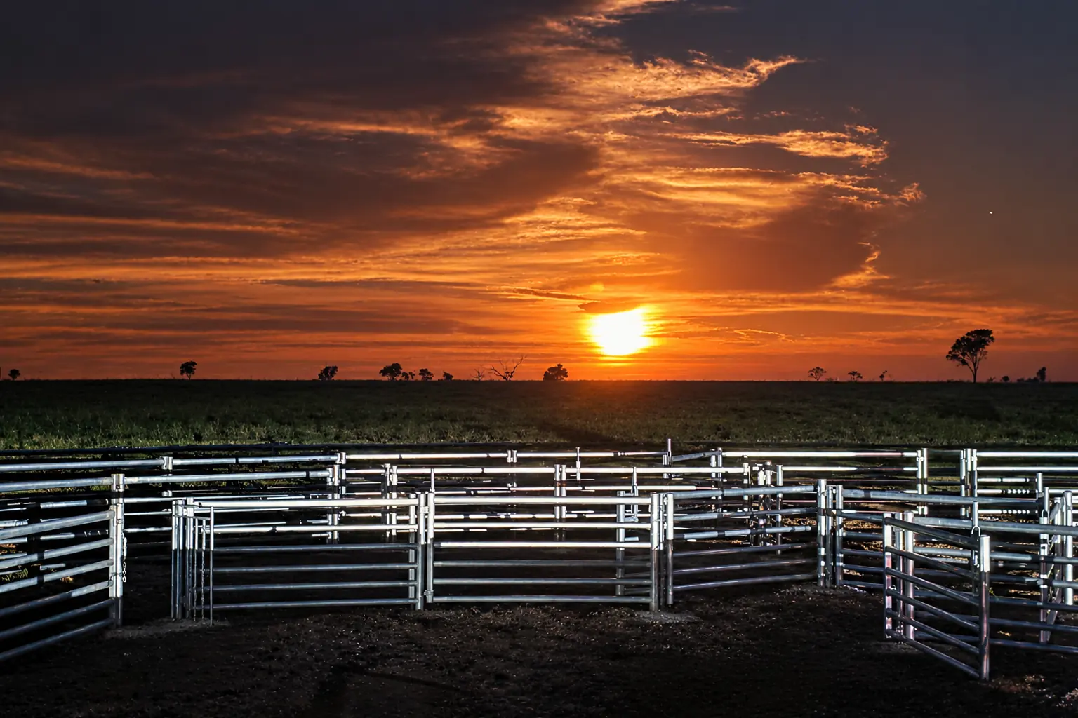 Steel stock yards at sunset in open farmland